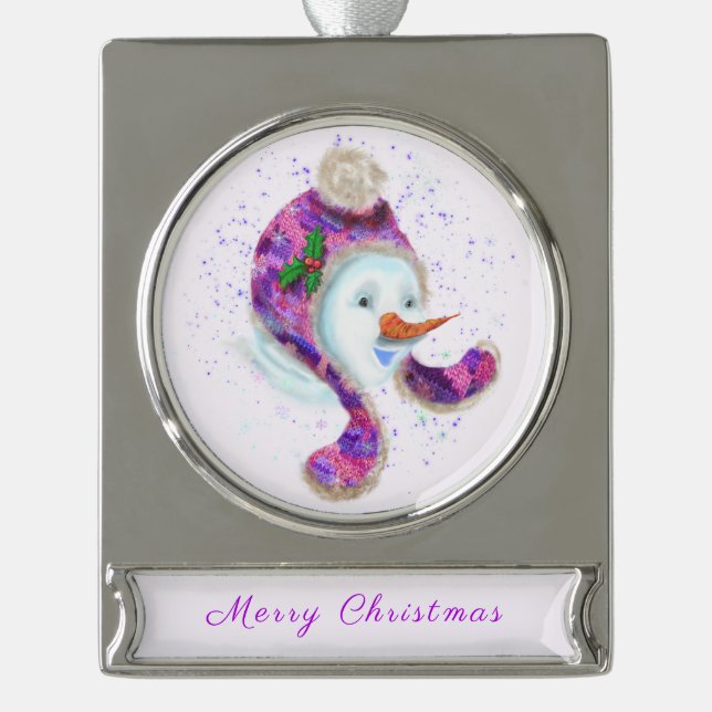 Weihnachtsschneemann in Lila rosa Hut Banner-Ornament Silber (Vorderseite)