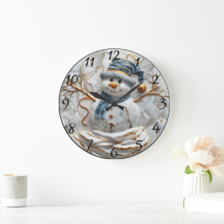 Weihnachtsschneemann in Schneeflocken Große Wanduhr