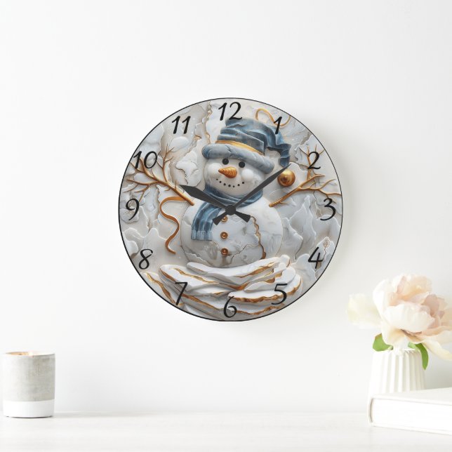 Weihnachtsschneemann in Schneeflocken Große Wanduhr (Zuhause)