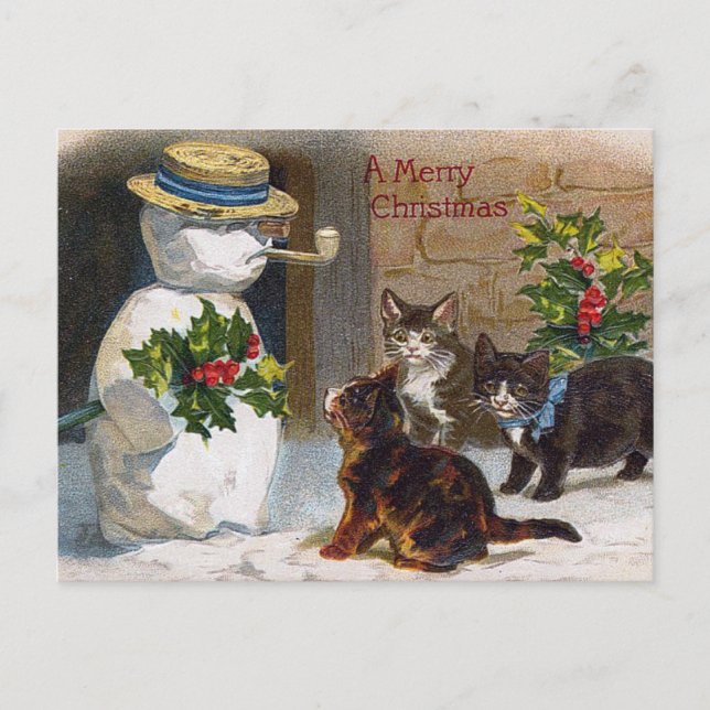 Weihnachtsschneemann & Kittens Card Feiertagspostkarte (Vorderseite)