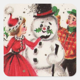 Weihnachtsschneemann mit Familie Quadratischer Aufkleber