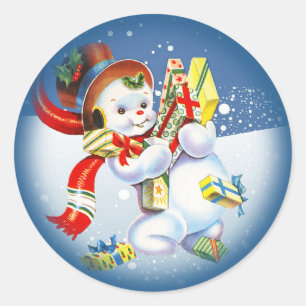Weihnachtsschneemann mit Geschenken Runder Aufkleber