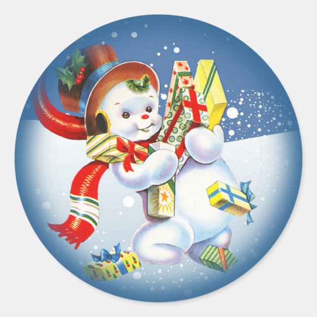 Weihnachtsschneemann mit Geschenken Runder Aufkleber (Vorderseite)
