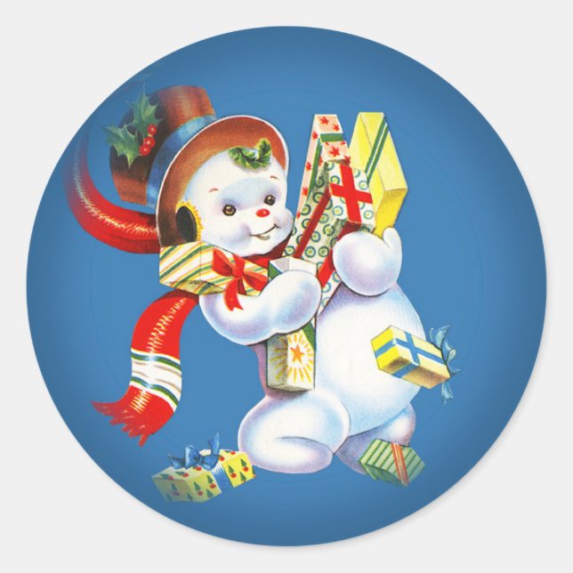 Weihnachtsschneemann mit Geschenken Runder Aufkleber (Vorderseite)