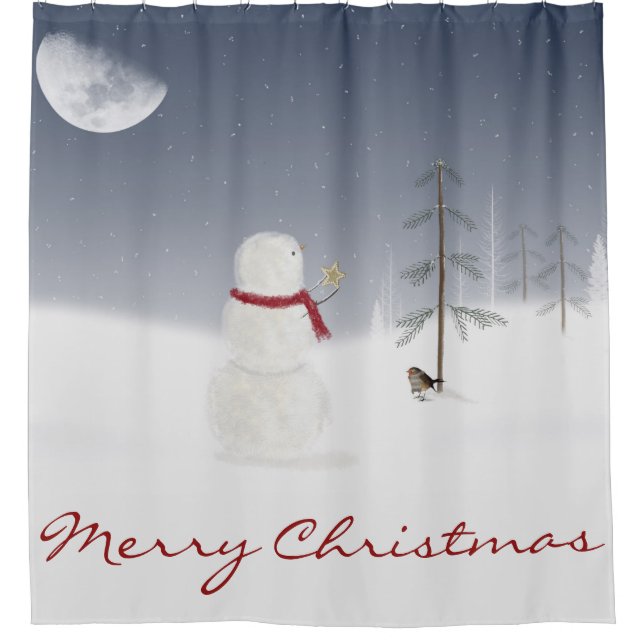 Weihnachtsschneemann mit goldenem Stern und Mond Duschvorhang (Vorderseite)