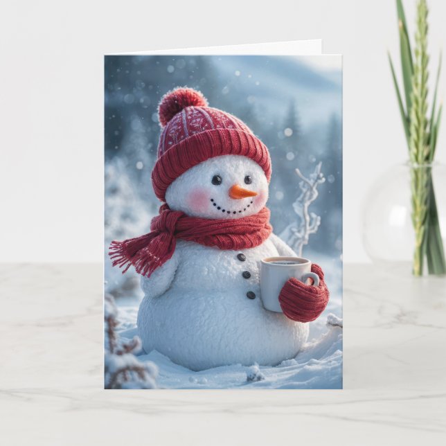Weihnachtsschneemann mit heißer Schokolade Karte (Vorderseite)
