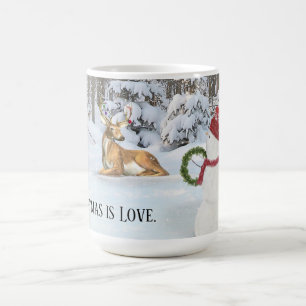 Weihnachtsschneemann mit Hirsch im Winterwald Kaffeetasse