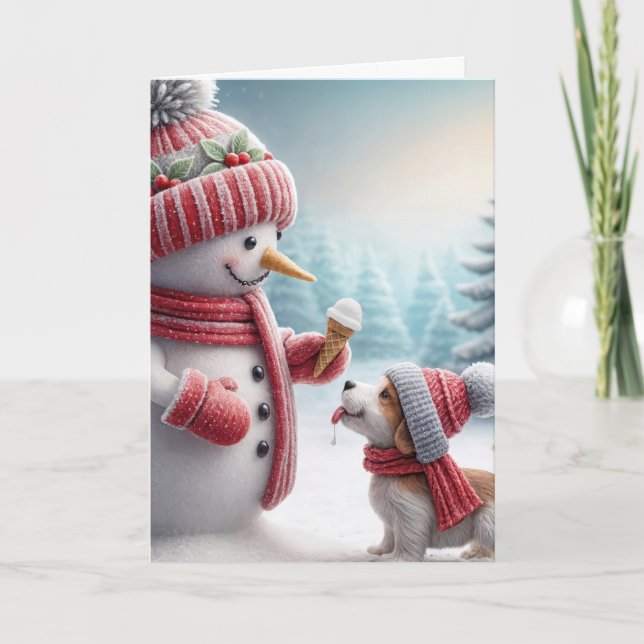 Weihnachtsschneemann mit Hund Karte (Vorderseite)