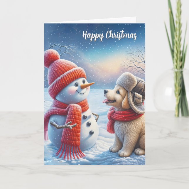 Weihnachtsschneemann mit Hund Karte (Vorderseite)
