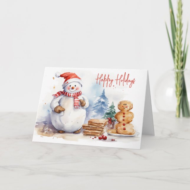 Weihnachtsschneemann mit Lebkuchenmann Feiertagskarte (Vorderseite)