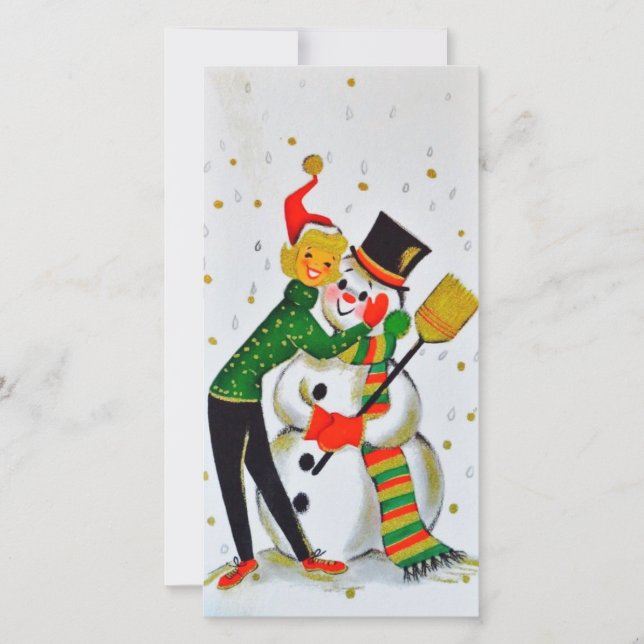 Weihnachtsschneemann mit Mädchen Feiertagskarte (Vorderseite)