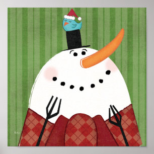 Weihnachtsschneemann mit Singvogel Poster