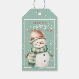 Weihnachtsschneemann mit Türkis-Schal und brauner  Geschenkanhänger