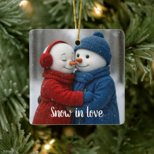 Weihnachtsschneemann-Paar in Schneeflocken Keramikornament