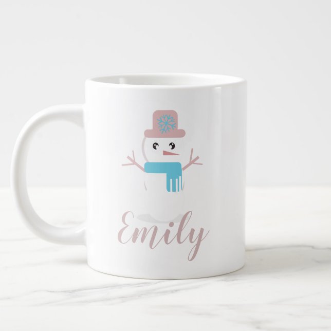 Weihnachtsschneemann Pastell Pink Name Jumbo-Tasse (Links)