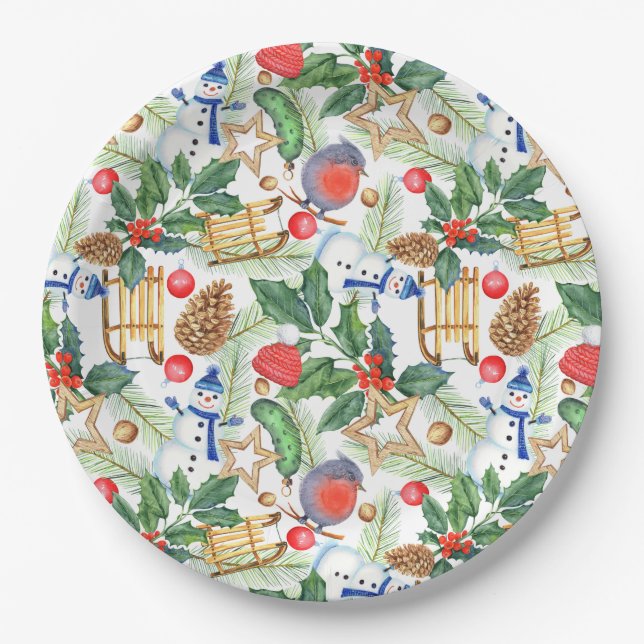 Weihnachtsschneemann, Pine Cones, Holly, Sled, Sta Pappteller (Vorderseite)