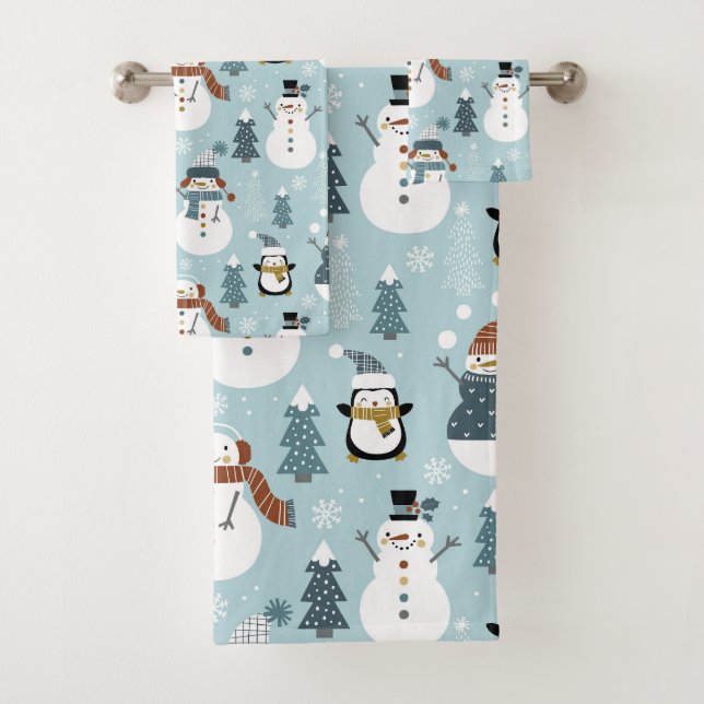 Weihnachtsschneemann, Pinguine und Bäume Badhandtuch Set (Insitu)