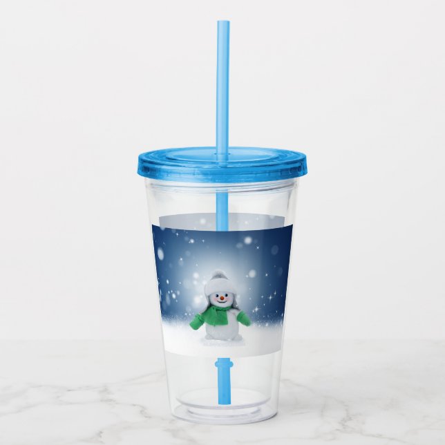Weihnachtsschneemann SlipperyJoe grüner Schal m Acryltrinkbecher (Vorderseite)