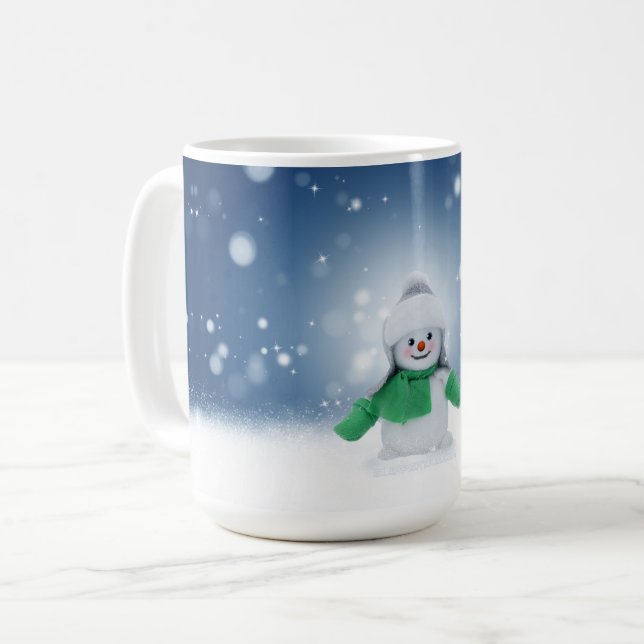 Weihnachtsschneemann SlipperyJoe grüner Schal m Kaffeetasse (Vorderseite Links)