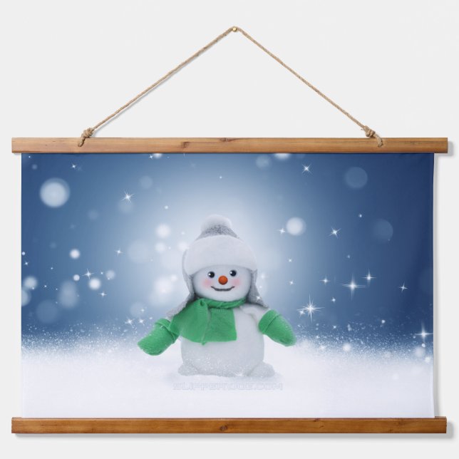 Weihnachtsschneemann SlipperyJoe grüner Schal m Wandteppich Mit Holzrahmen (Vorne)