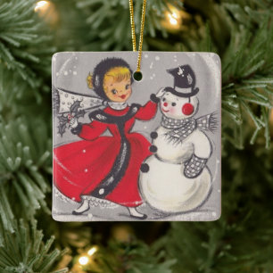 Weihnachtsschneemann tanzen mit Mädchen Keramikornament
