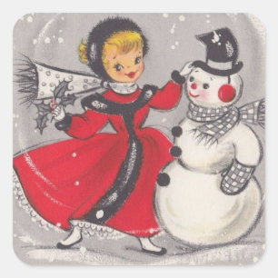 Weihnachtsschneemann tanzen mit Mädchen Quadratischer Aufkleber