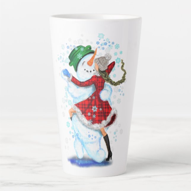 Weihnachtsschneemann und Girl Dancers Latte Tasse (Vorderseite)