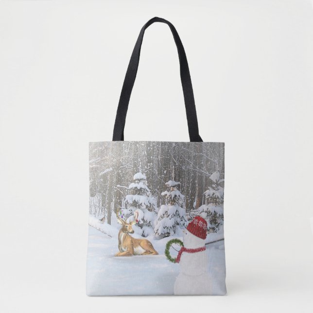 Weihnachtsschneemann und Hirsche Tasche (Vorderseite)