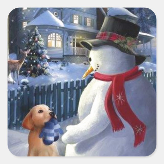Weihnachtsschneemann und Hund Quadratischer Aufkleber (Vorderseite)