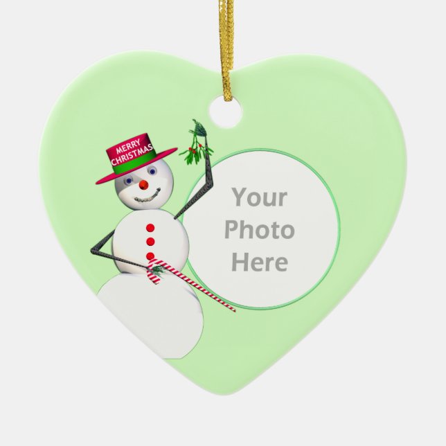 Weihnachtsschneemann und Mistletoe (Foto-Rahmen) Keramikornament (Vorne)