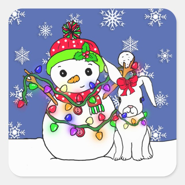 Weihnachtsschneemann und Schneeballsonne Quadratischer Aufkleber (Vorderseite)