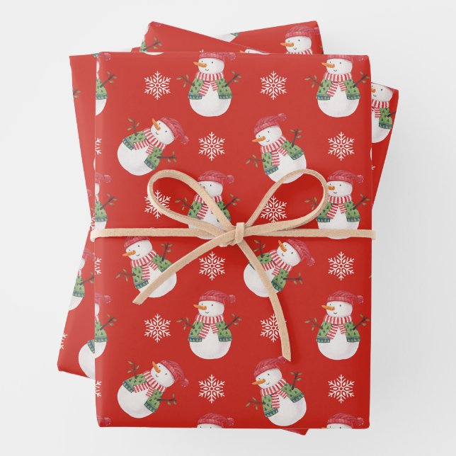 Weihnachtsschneemann und Schneeflocken Rot Geschenkpapier Set (Beispiel)