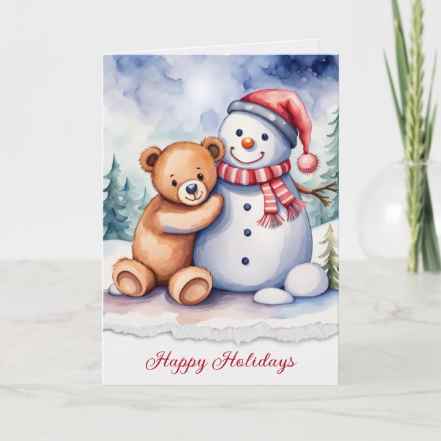 Weihnachtsschneemann und Teddy Bear Karte (Vorderseite)