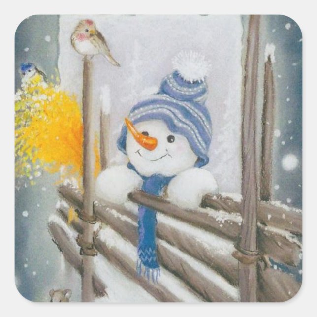 Weihnachtsschneemann und Vogel Quadratischer Aufkleber (Vorderseite)