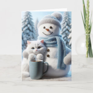 Weihnachtsschneemann und weiße Katze Feiertagskarte
