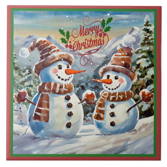 Weihnachtsschneemänner, frohe Weihnachten, Fliese (Vorderseite)