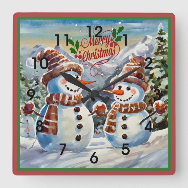 Weihnachtsschneemänner, frohe Weihnachten, Quadratische Wanduhr (Vorderseite)