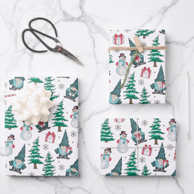 Weihnachtsschneemänner Gnomes Bonbons Geschenke Geschenkpapier Set (Vorderseite)