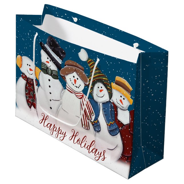 Weihnachtsschneemänner in Schneeflocken Große Geschenktüte (Vorderseite Schrägansicht)