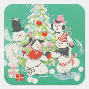 Weihnachtsschneemänner tanzen um den Baum Quadratischer Aufkleber