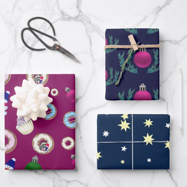 Weihnachtsschneemänner, Weihnachtsbälle, Donuts, S Geschenkpapier Set (Vorderseite)