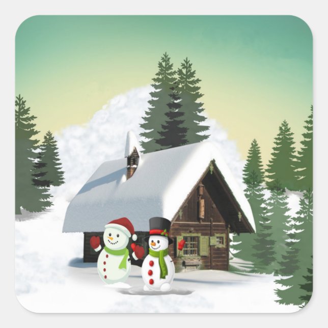 Weihnachtsschneemännerszene Quadratischer Aufkleber (Vorderseite)