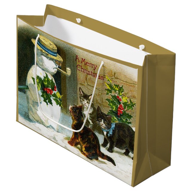 Weihnachtsschneemannskatzen Feiertag Große Geschenktüte (Vorderseite Schrägansicht)