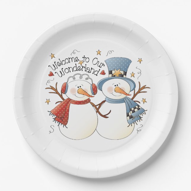 Weihnachtsschneepaar Party Pappteller (Vorderseite)