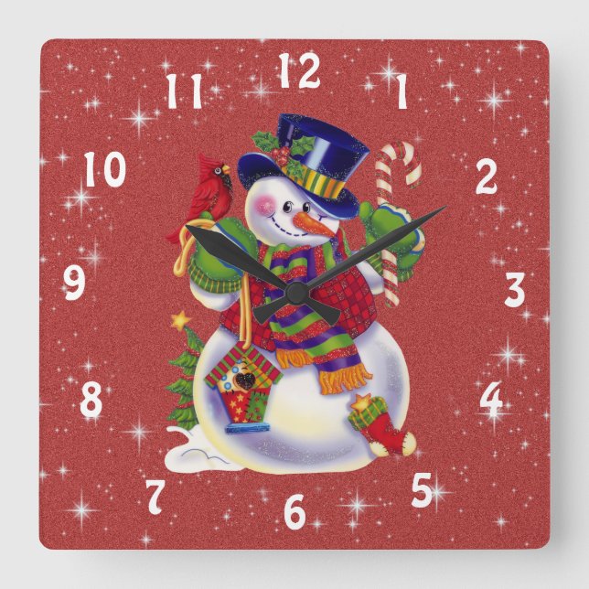 Weihnachtsschneeuhr Quadratische Wanduhr (Vorderseite)