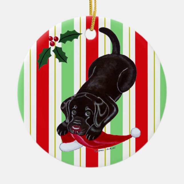 Weihnachtsschokoladen-Labrador-Welpe Keramikornament (Vorne)