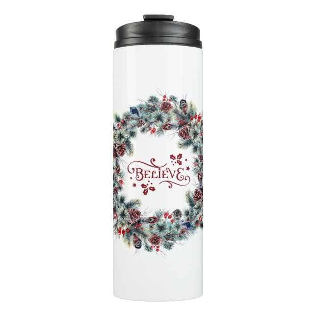 Weihnachtsschreath BELIEVE Typografie Thermosbecher (Vorderseite)