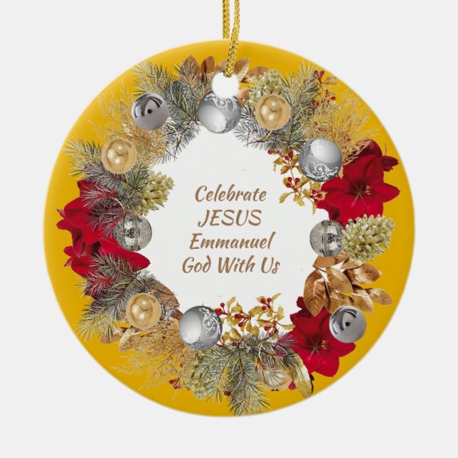 Weihnachtsschreath Custom Yellow CELEBRATE JESUS Keramik Ornament (Vorne)
