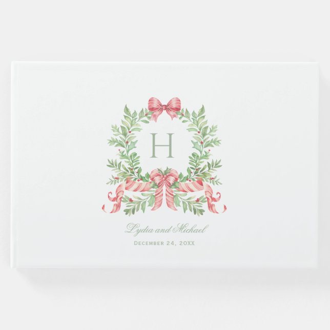 Weihnachtsschrei mit Candy Cane Bow Monogram Weddi Gästebuch (Vorderseite)