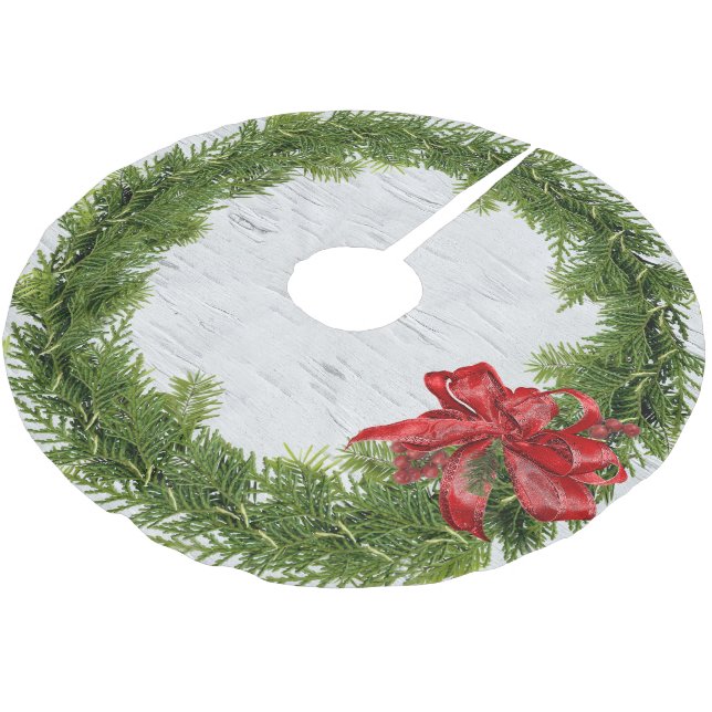 Weihnachtsschrei mit rotem Bow auf der Birke Polyester Weihnachtsbaumdecke (Schrägansicht)